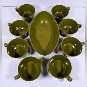Allied Chemical Vintage Olive Green Dinner Drinking Dining Set Cups USA 9 Piece